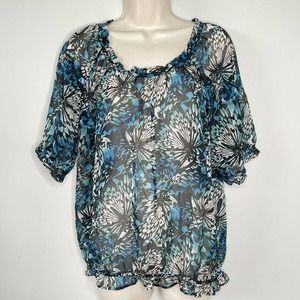 IZOD Blouse Women’s Medium Semi Sheer Puffer Sleeve Top Shirt Floral Multicolor